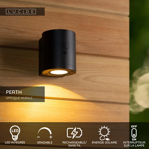 Lucide PERTH - Applique murale- Énergie Solaire - Ø 9 cm - LED Dim. - 1x1W 2850K/3150K - IP65- Détecteur De Mouvement & Jour/Nuit - Noir - USP
